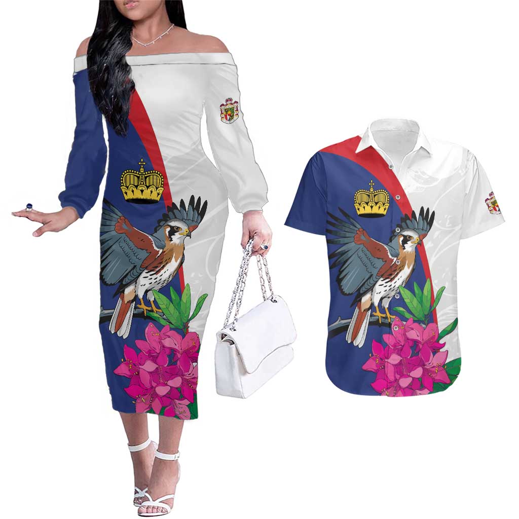 Furstentum Liechtenstein Couples Matching Off The Shoulder Long Sleeve Dress and Hawaiian Shirt Kestrel With Alpine Rose Flower