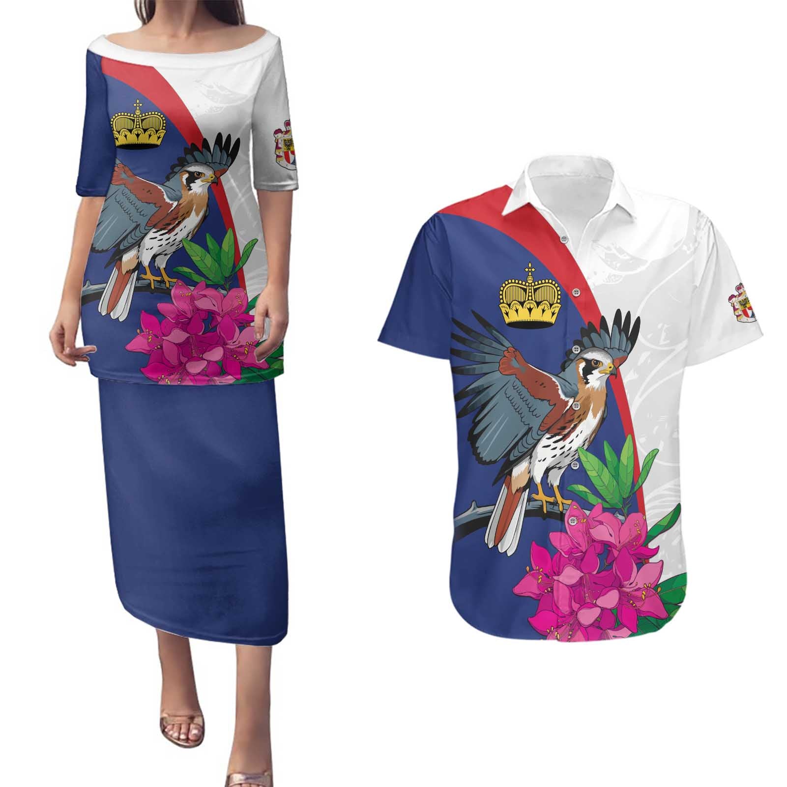 Furstentum Liechtenstein Couples Matching Puletasi and Hawaiian Shirt Kestrel With Alpine Rose Flower