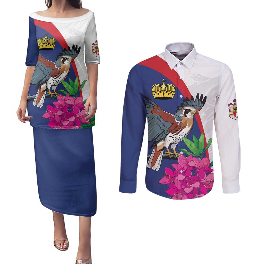 Furstentum Liechtenstein Couples Matching Puletasi and Long Sleeve Button Shirt Kestrel With Alpine Rose Flower