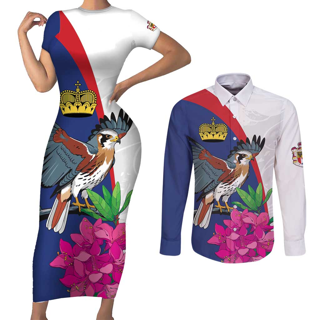 Furstentum Liechtenstein Couples Matching Short Sleeve Bodycon Dress and Long Sleeve Button Shirt Kestrel With Alpine Rose Flower