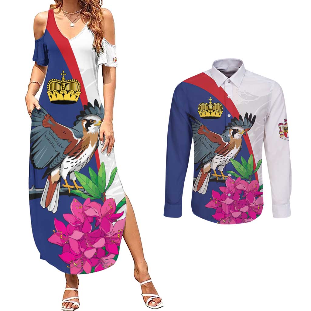 Furstentum Liechtenstein Couples Matching Summer Maxi Dress and Long Sleeve Button Shirt Kestrel With Alpine Rose Flower