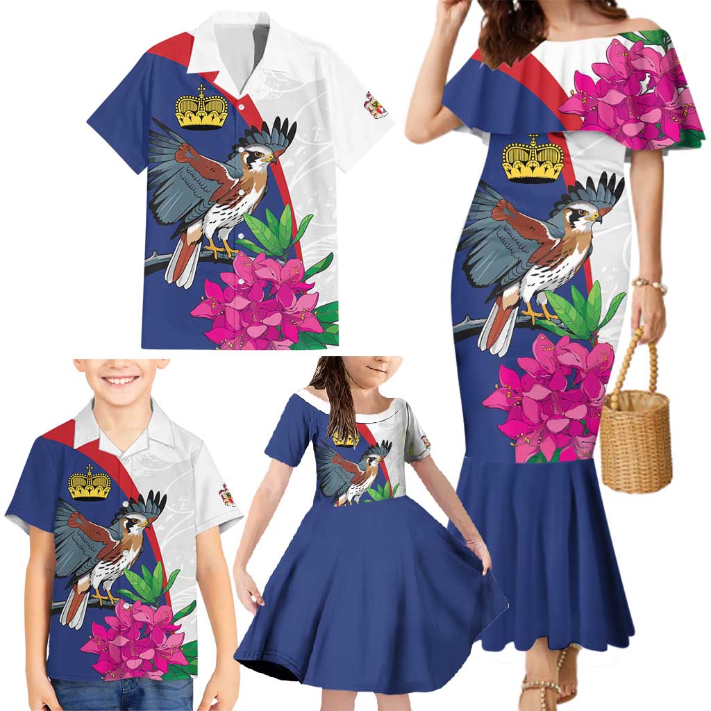 Furstentum Liechtenstein Family Matching Mermaid Dress and Hawaiian Shirt Kestrel With Alpine Rose Flower