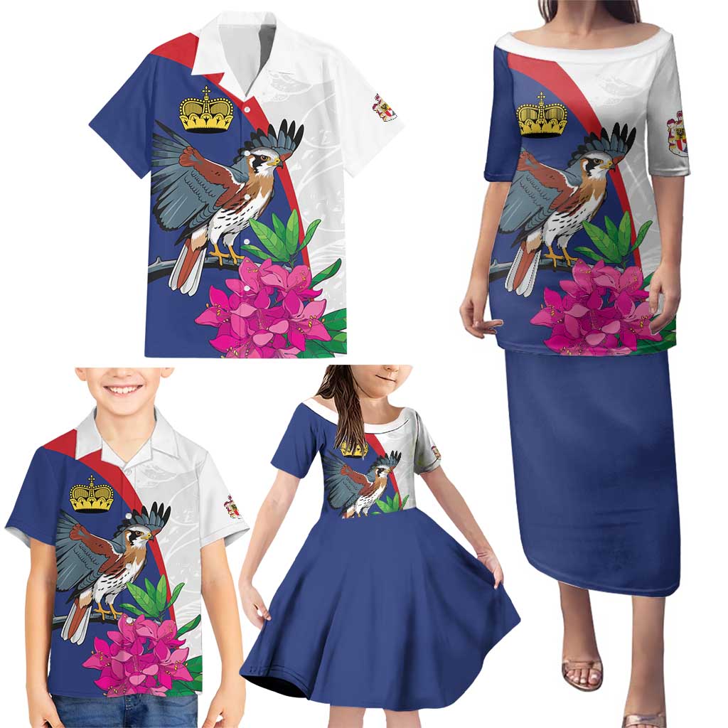 Furstentum Liechtenstein Family Matching Puletasi and Hawaiian Shirt Kestrel With Alpine Rose Flower