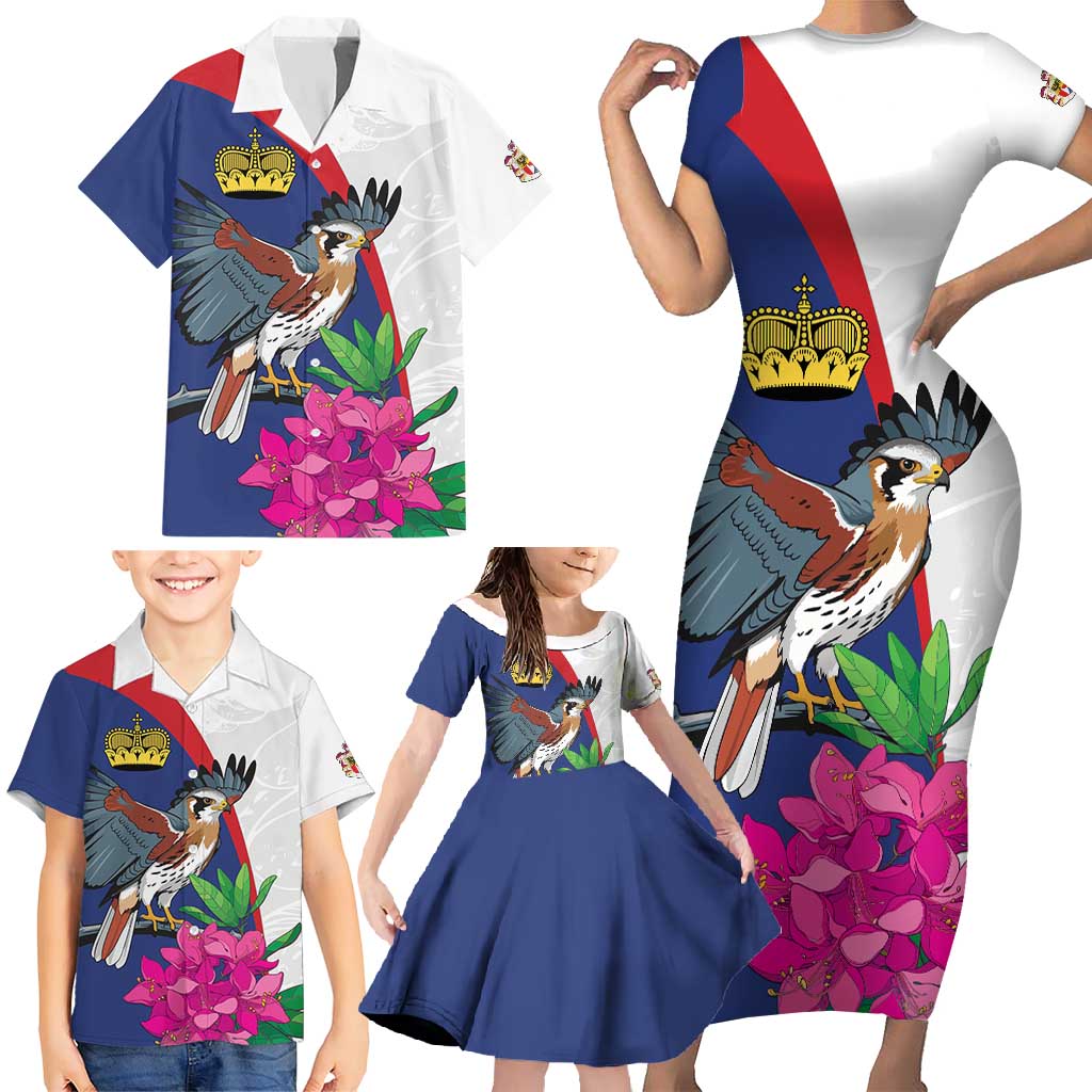 Furstentum Liechtenstein Family Matching Short Sleeve Bodycon Dress and Hawaiian Shirt Kestrel With Alpine Rose Flower