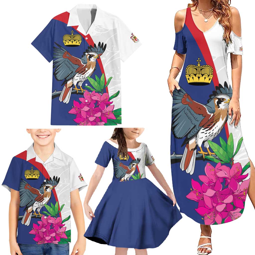 Furstentum Liechtenstein Family Matching Summer Maxi Dress and Hawaiian Shirt Kestrel With Alpine Rose Flower