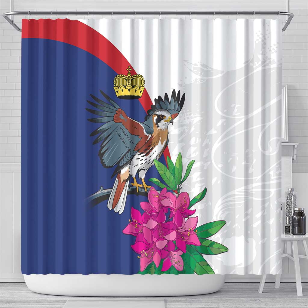 Shower curtain with crowned bird over blue-red panel and bright pink flower cluster