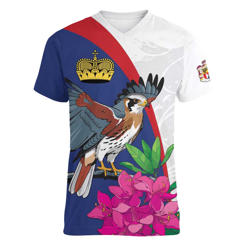 Furstentum Liechtenstein Women V-Neck T-Shirt Kestrel With Alpine Rose Flower