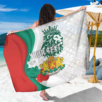 White personalized Bulgaria sarong with flag colors, green lion crest, folk pattern, “YOUR TEXT”