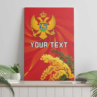 Red stretched canvas wall art featuring coat of arms, mimosa blossoms, and custom text
