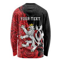 Unisex long-sleeve shirt back, red and black with lion graphic and 'YOUR TEXT'