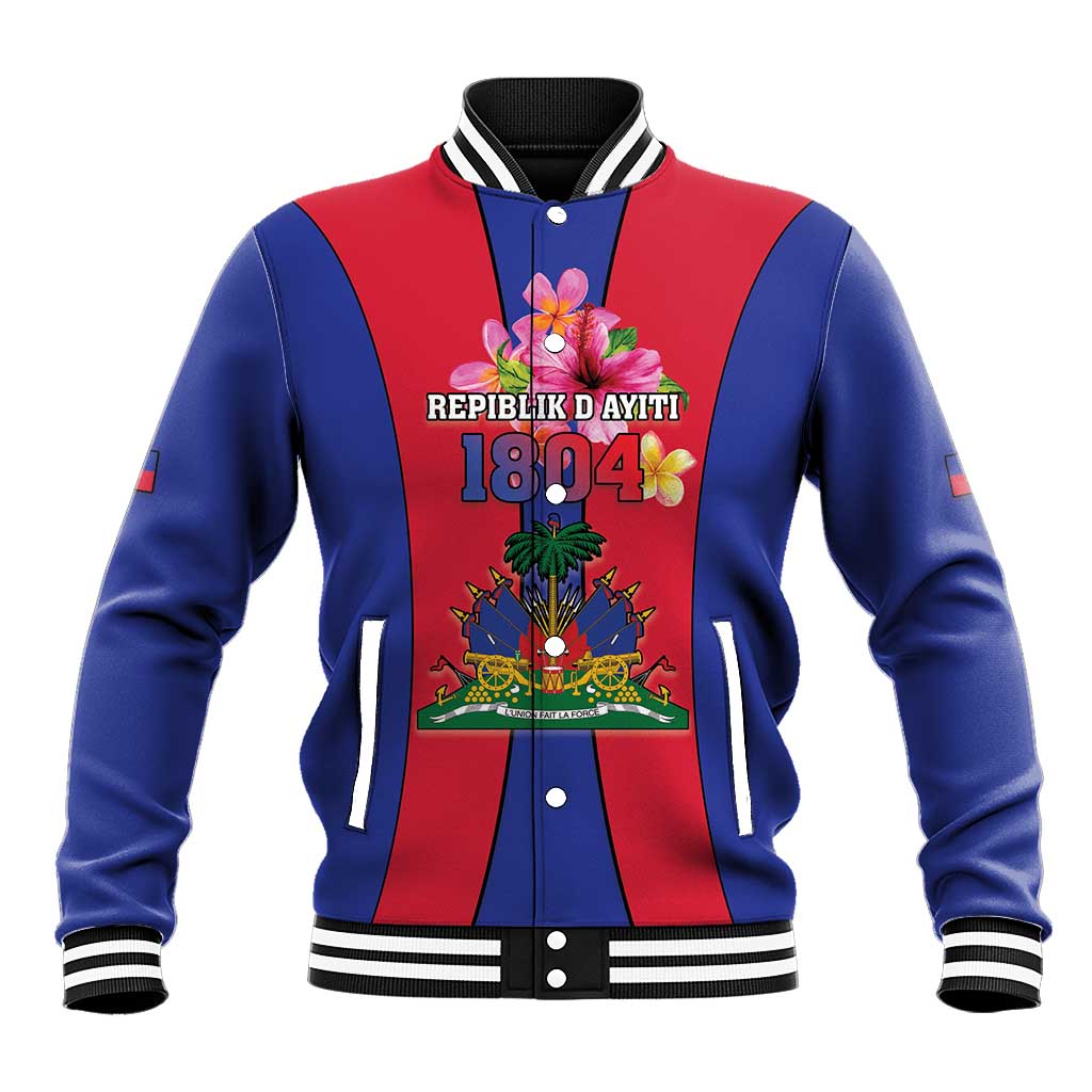 Blue and red baseball jacket, front crest with 1804 text, snap button and ribbed hem