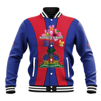 Blue and red baseball jacket, front crest with 1804 text, snap button and ribbed hem