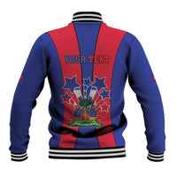 Blue and red baseball jacket, back star graphic, ribbed striped collar and cuffs
