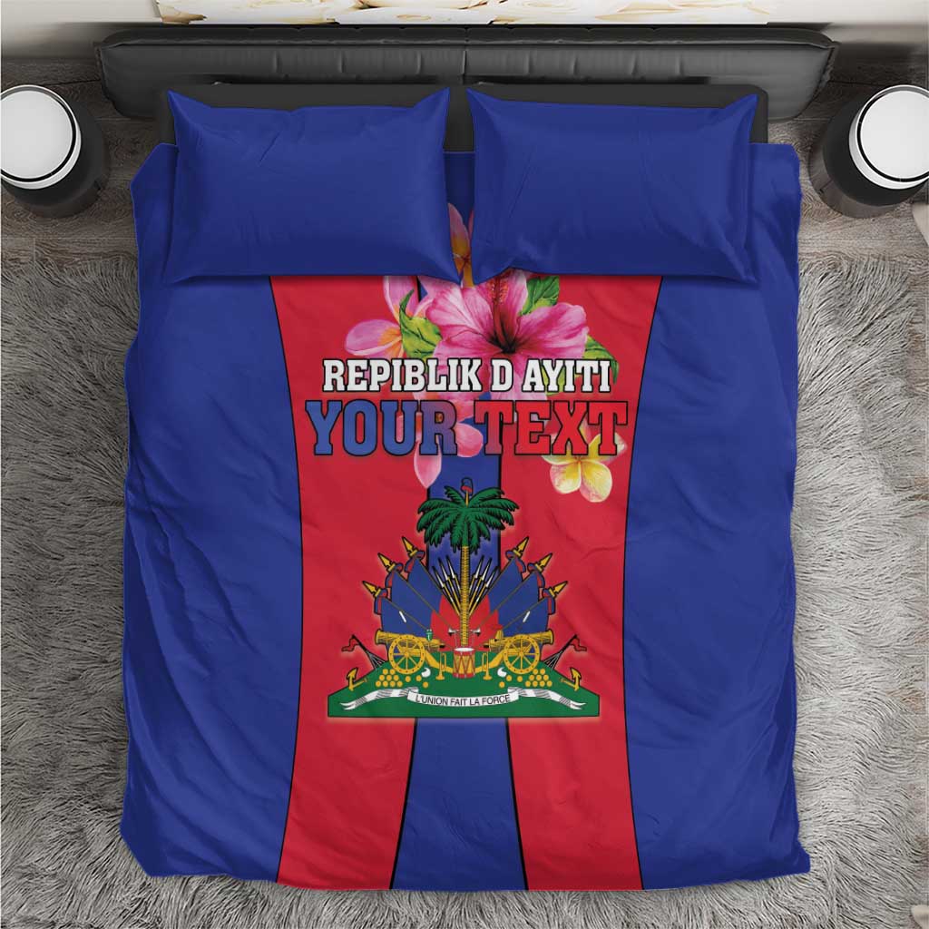 Blue bedding set with Haiti coat of arms flag design and matching square pillows