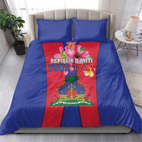 Blue duvet cover set with Haiti coat of arms flag panel and two matching pillowcases