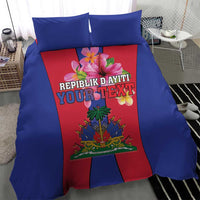 Blue bedding set featuring Haiti coat of arms flag center panel with two pillowcases