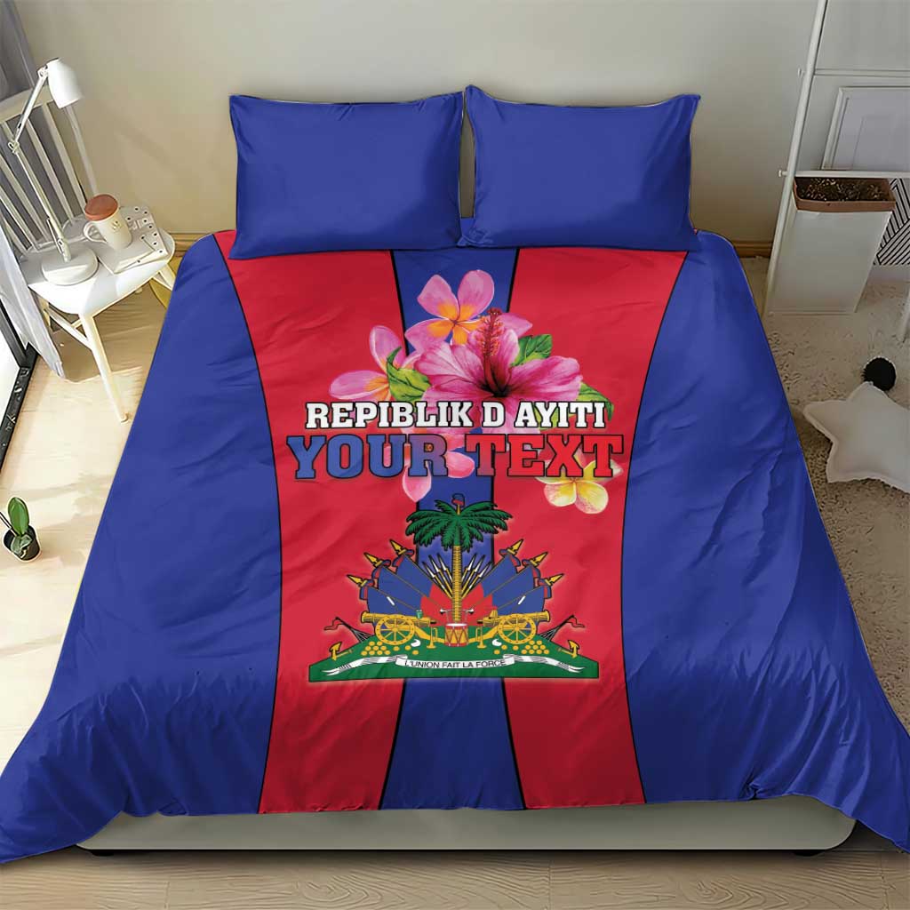 Blue duvet and pillow set with Haiti coat of arms flag panel design in red center
