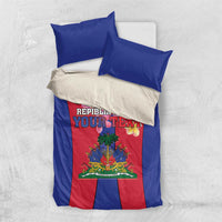 Blue and red duvet set with Haiti coat of arms flag design plus two blue pillows