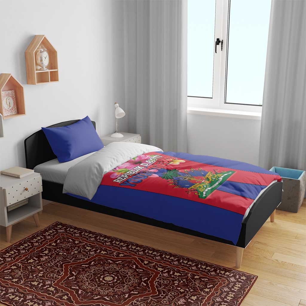 Blue duvet cover bedding set with Haiti coat of arms flag design and matching pillowcases