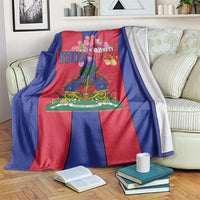 Haiti coat of arms flag blanket, blue and red with central emblem and tropical flowers