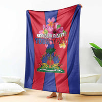 Haiti coat of arms flag blanket with blue border and red center, featuring floral crest