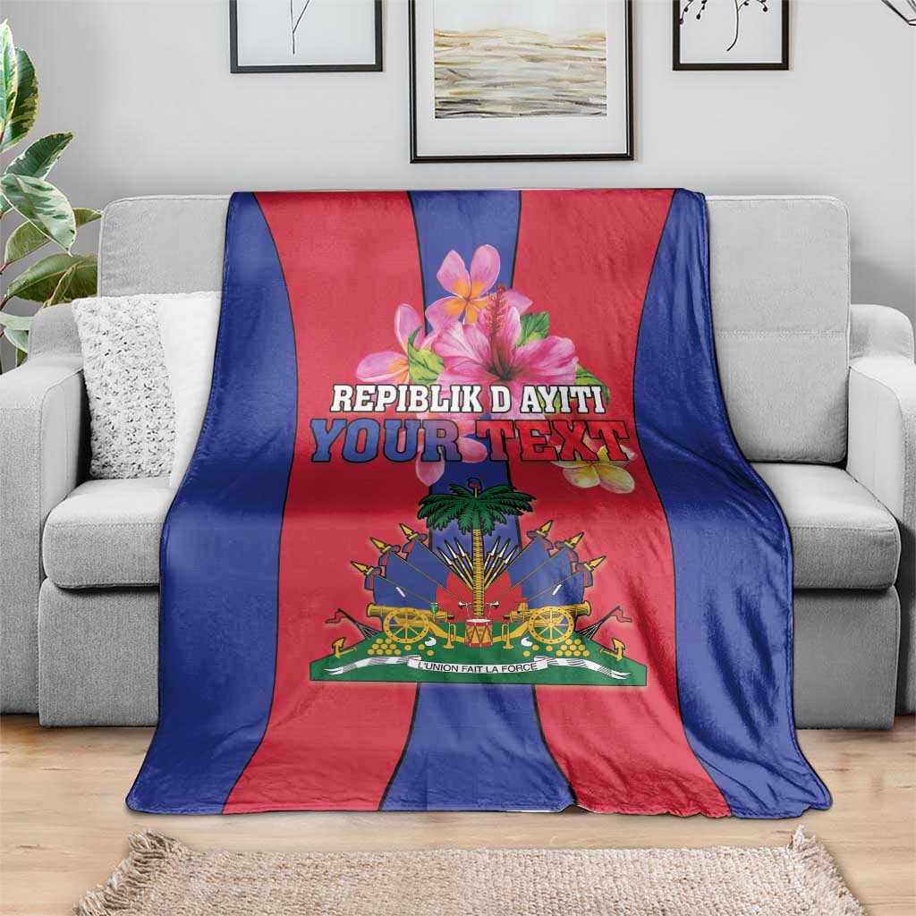 Haiti coat of arms flag blanket draped on sofa, blue border with red panel and emblem