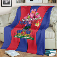 Haiti coat of arms flag blanket on armchair, blue and red stripes with crest and text