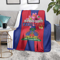Haiti coat of arms flag blanket on floor, red-and-blue design with floral emblem