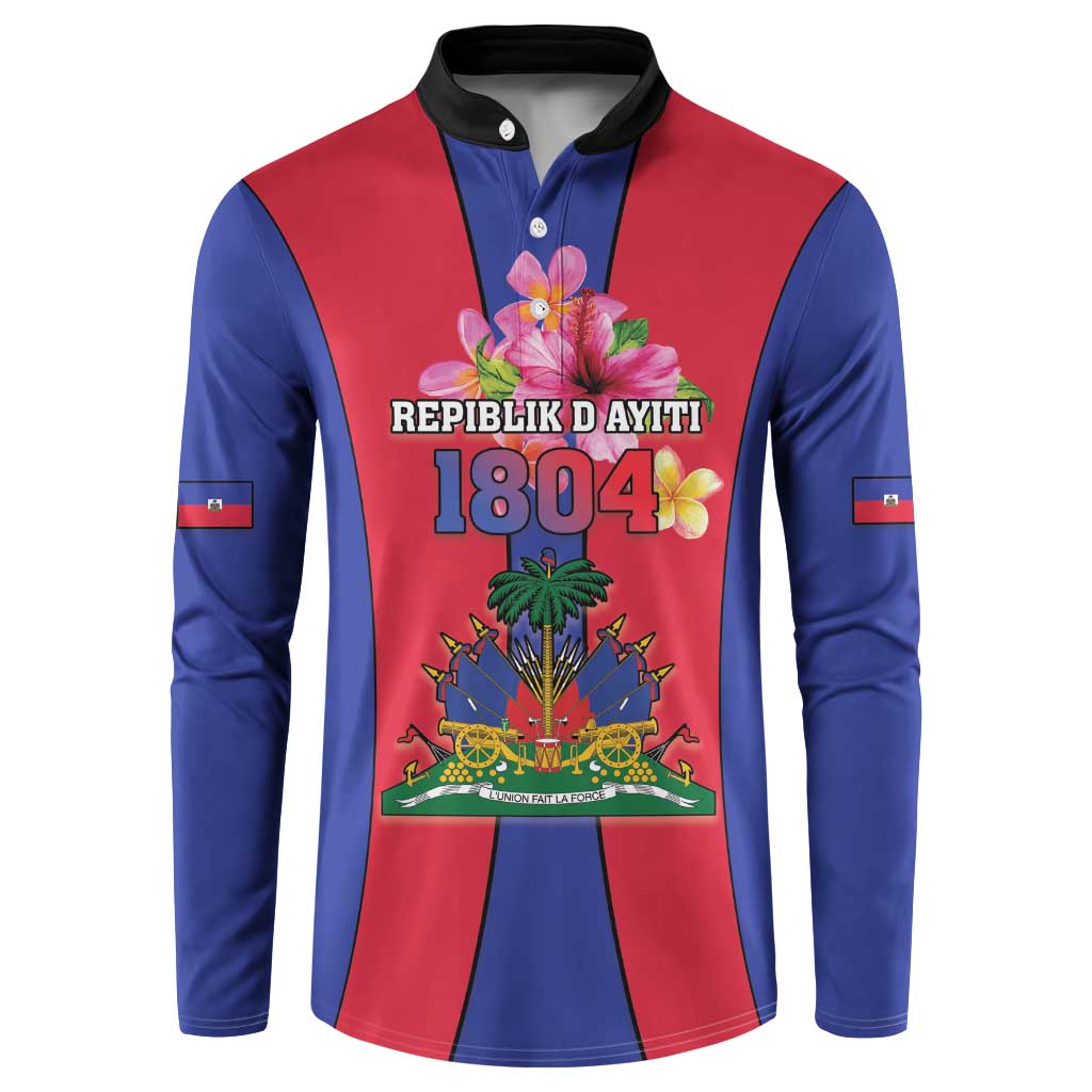 Blue and red Haiti coat of arms button sweatshirt with black collar, 1804 design.