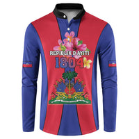 Blue and red Haiti coat of arms button sweatshirt with black collar, 1804 design.