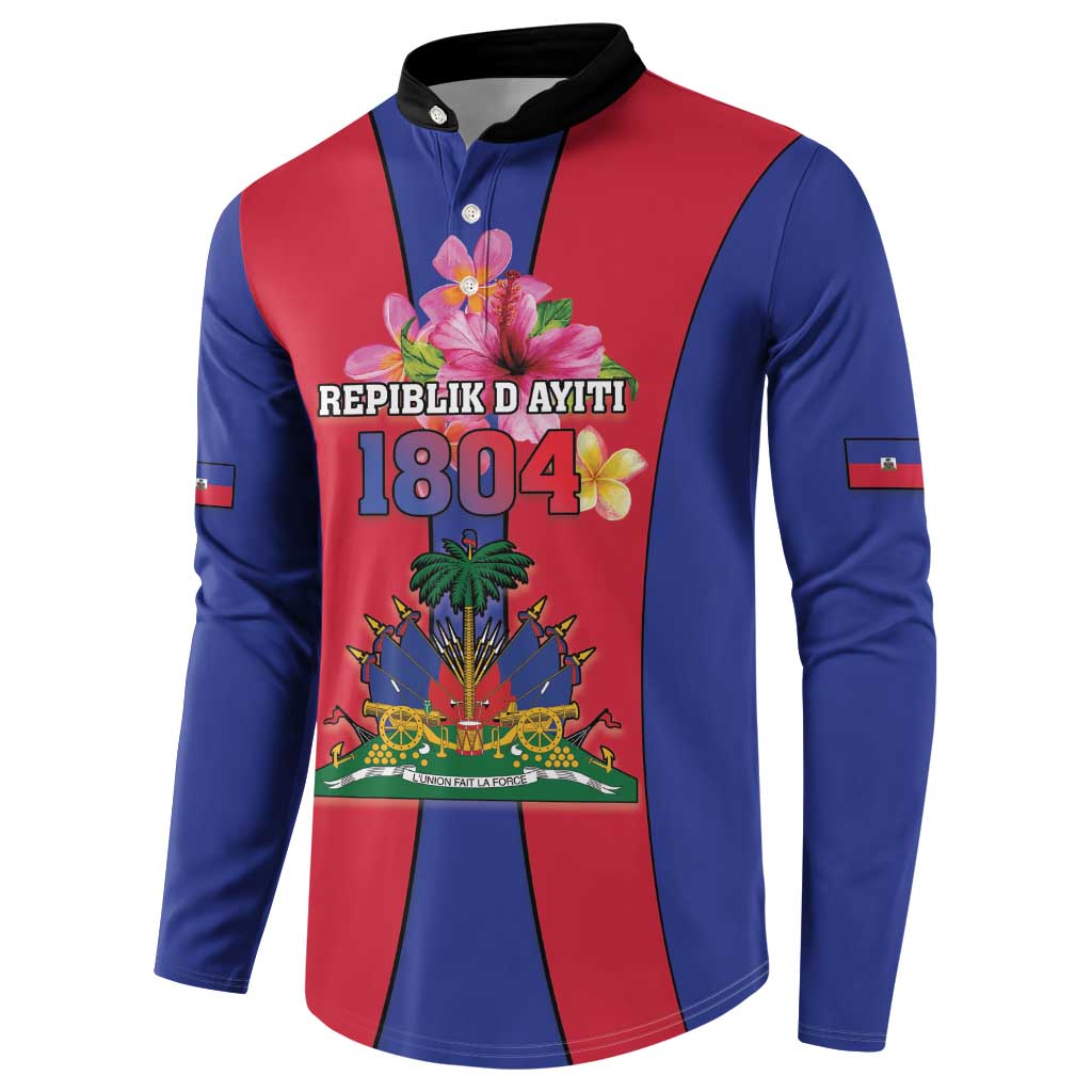 Blue and red Haiti coat of arms button sweatshirt with black collar, long sleeves.