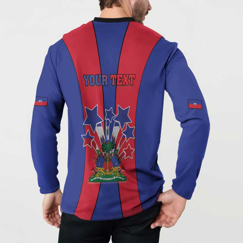 Blue and red button sweatshirt back with YOUR TEXT stars and coat of arms, long sleeves.