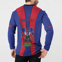 Blue and red button sweatshirt back with YOUR TEXT stars and coat of arms, long sleeves.