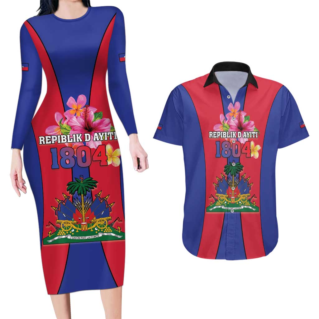 Personalized Haiti Coat Of Arms Couples Matching Long Sleeve Bodycon Dress and Hawaiian Shirt With Flag Color - Wonder Print Shop