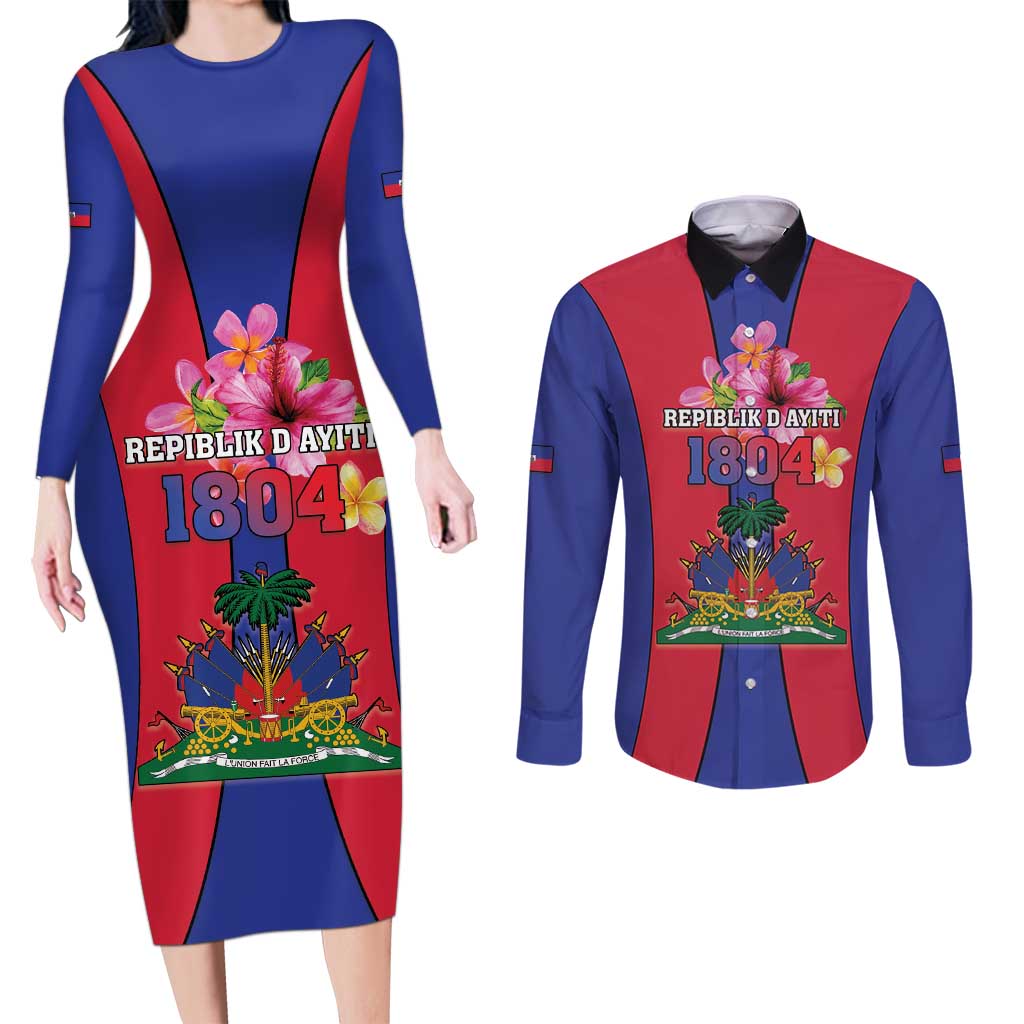 Personalized Haiti Coat Of Arms Couples Matching Long Sleeve Bodycon Dress and Long Sleeve Button Shirt With Flag Color - Wonder Print Shop