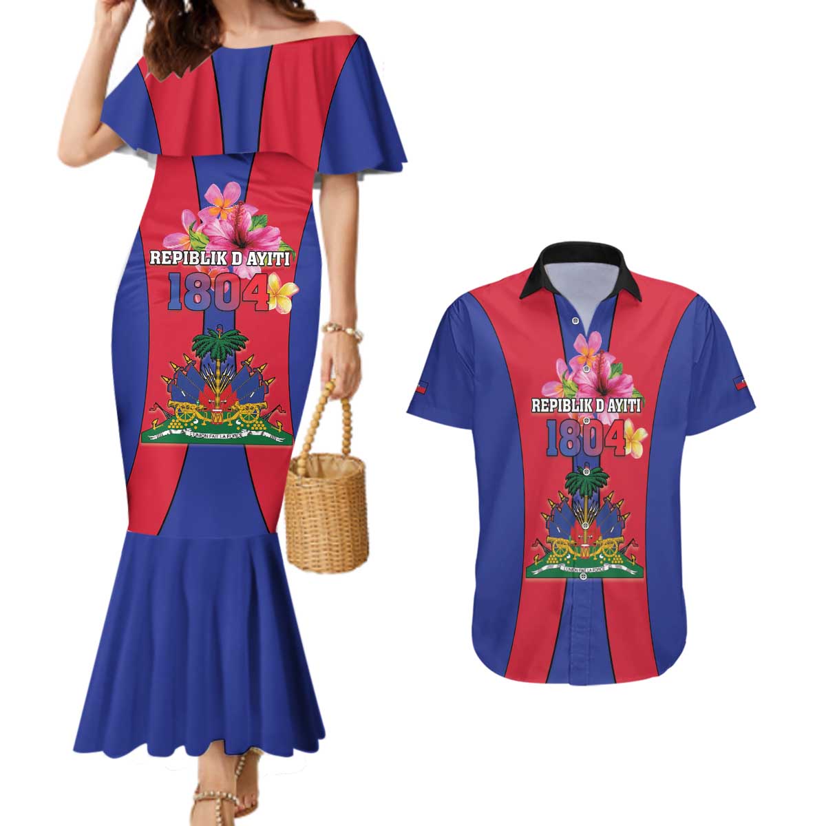 Personalized Haiti Coat Of Arms Couples Matching Mermaid Dress and Hawaiian Shirt With Flag Color - Wonder Print Shop