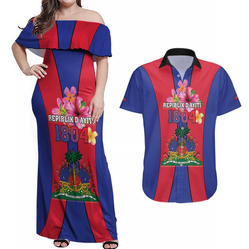 Personalized Haiti Coat Of Arms Couples Matching Off Shoulder Maxi Dress and Hawaiian Shirt With Flag Color - Wonder Print Shop