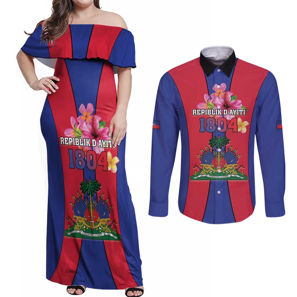 Personalized Haiti Coat Of Arms Couples Matching Off Shoulder Maxi Dress and Long Sleeve Button Shirt With Flag Color - Wonder Print Shop