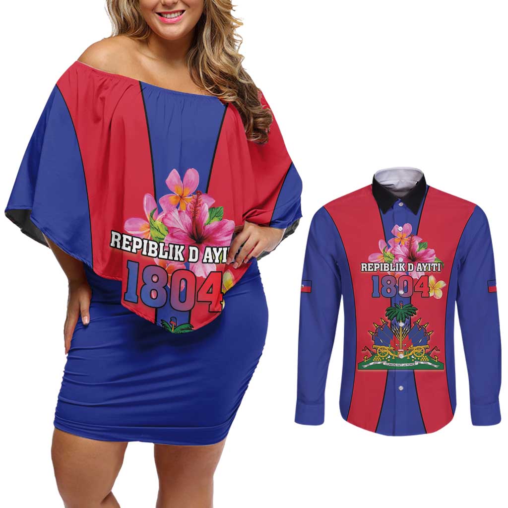 Personalized Haiti Coat Of Arms Couples Matching Off Shoulder Short Dress and Long Sleeve Button Shirt With Flag Color - Wonder Print Shop