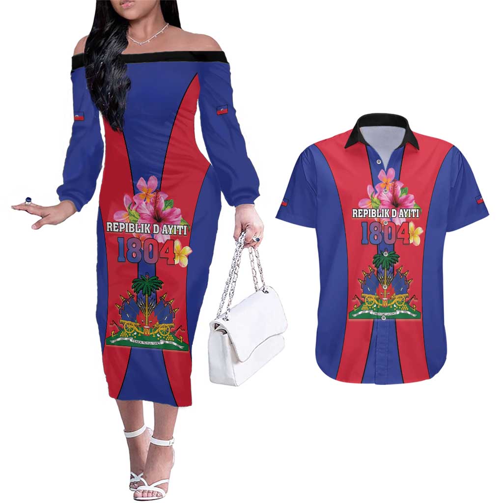 Personalized Haiti Coat Of Arms Couples Matching Off The Shoulder Long Sleeve Dress and Hawaiian Shirt With Flag Color - Wonder Print Shop