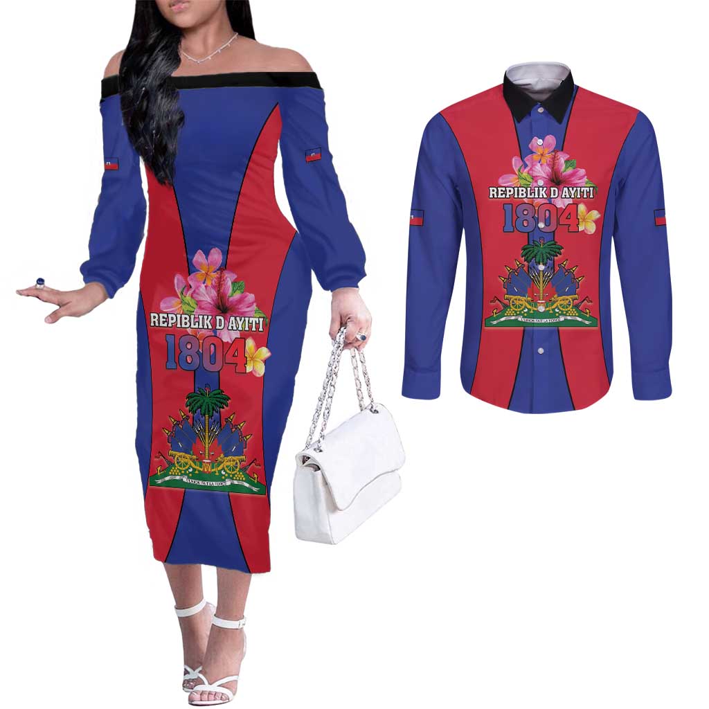 Personalized Haiti Coat Of Arms Couples Matching Off The Shoulder Long Sleeve Dress and Long Sleeve Button Shirt With Flag Color