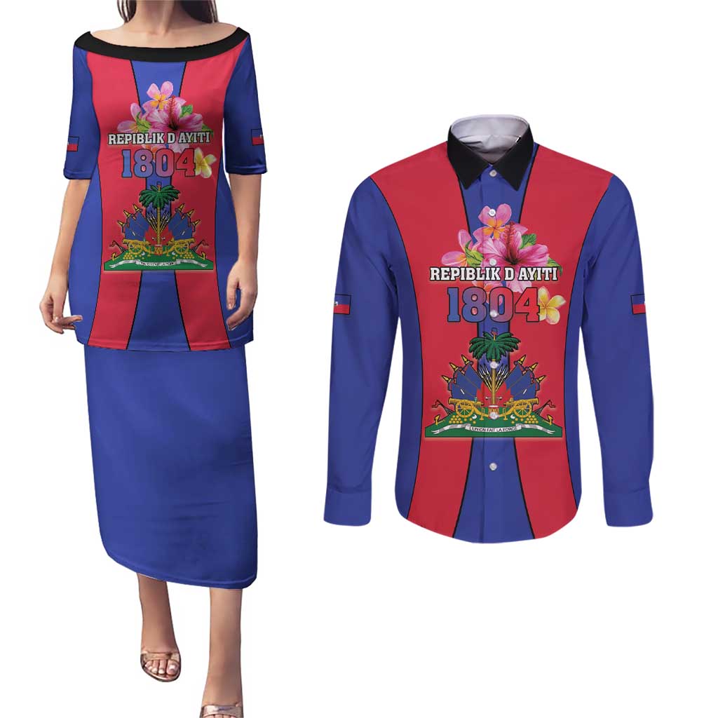 Personalized Haiti Coat Of Arms Couples Matching Puletasi and Long Sleeve Button Shirt With Flag Color - Wonder Print Shop