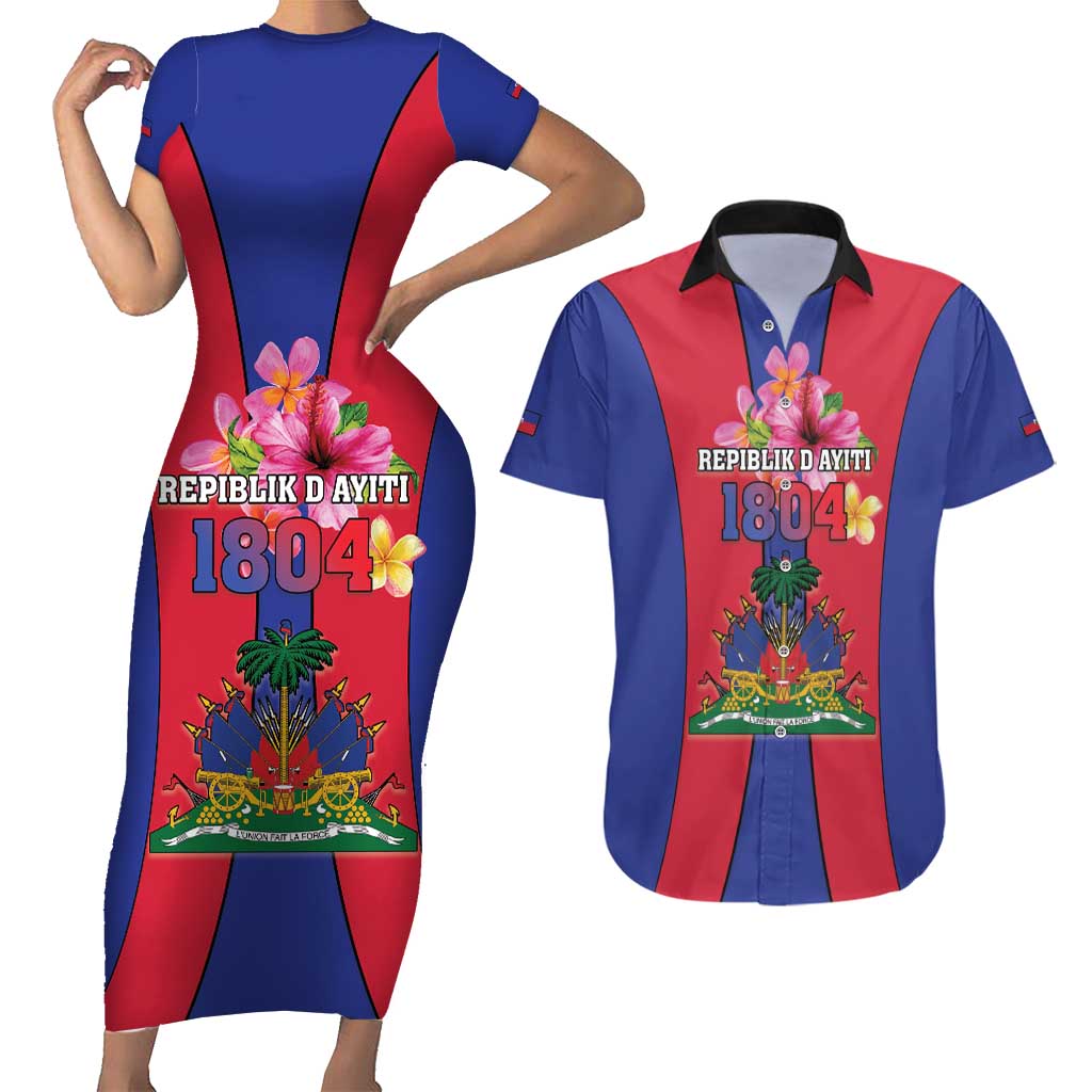 Personalized Haiti Coat Of Arms Couples Matching Short Sleeve Bodycon Dress and Hawaiian Shirt With Flag Color - Wonder Print Shop