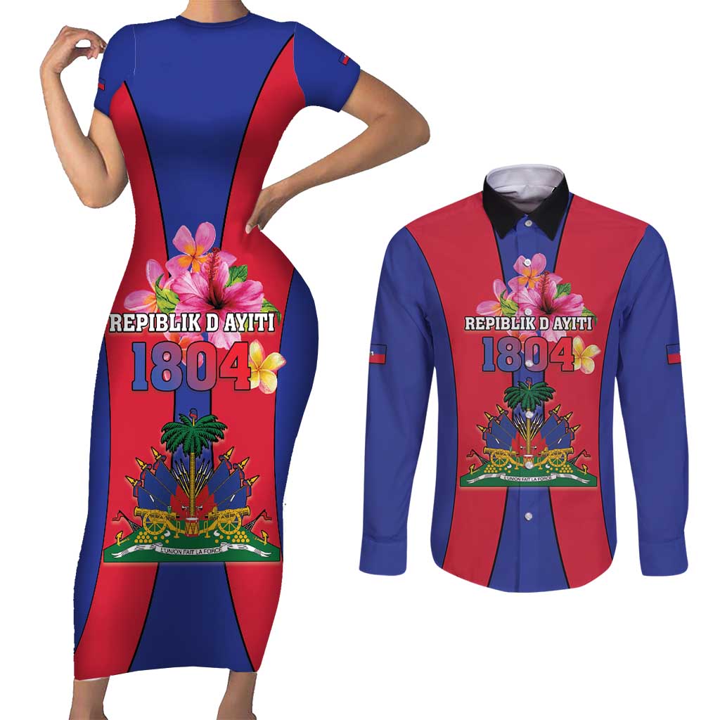 Personalized Haiti Coat Of Arms Couples Matching Short Sleeve Bodycon Dress and Long Sleeve Button Shirt With Flag Color - Wonder Print Shop