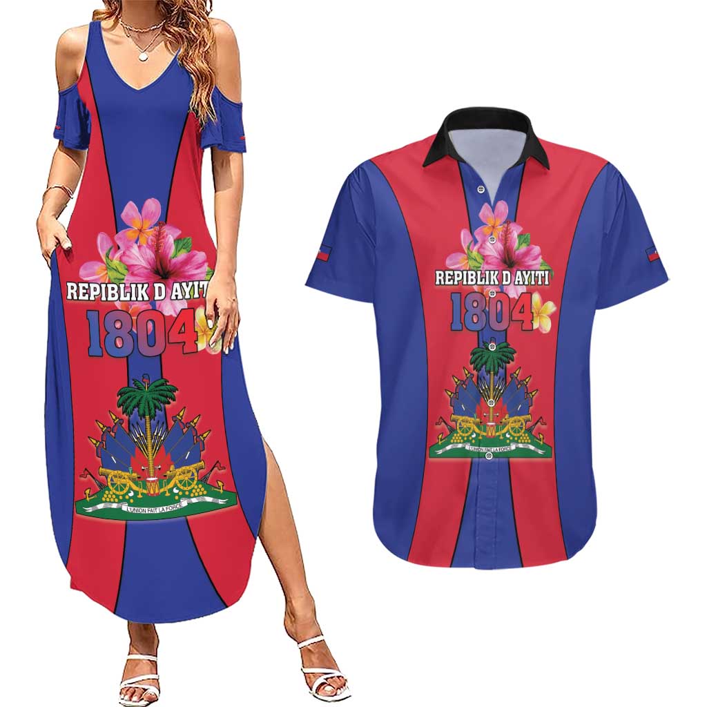 Personalized Haiti Coat Of Arms Couples Matching Summer Maxi Dress and Hawaiian Shirt With Flag Color - Wonder Print Shop