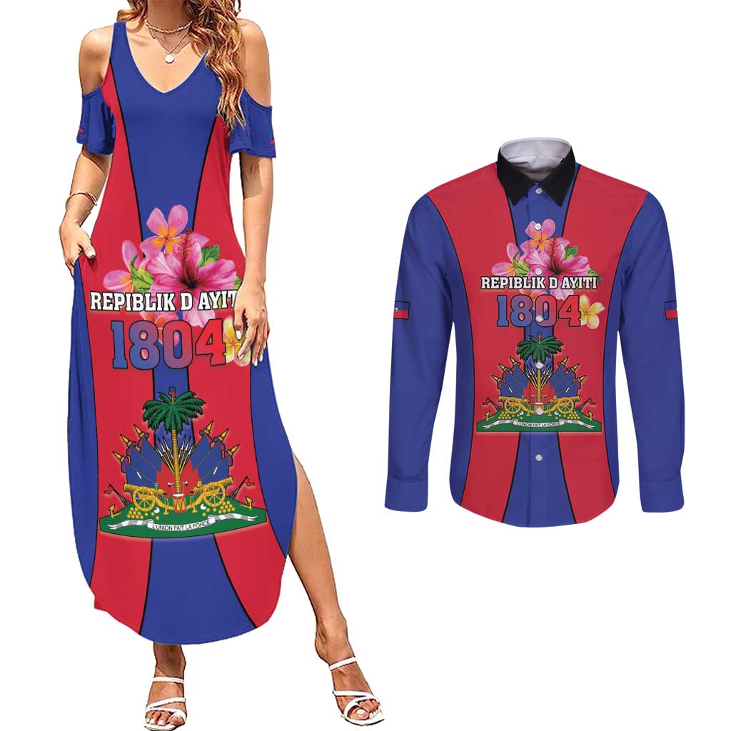 Personalized Haiti Coat Of Arms Couples Matching Summer Maxi Dress and Long Sleeve Button Shirt With Flag Color - Wonder Print Shop