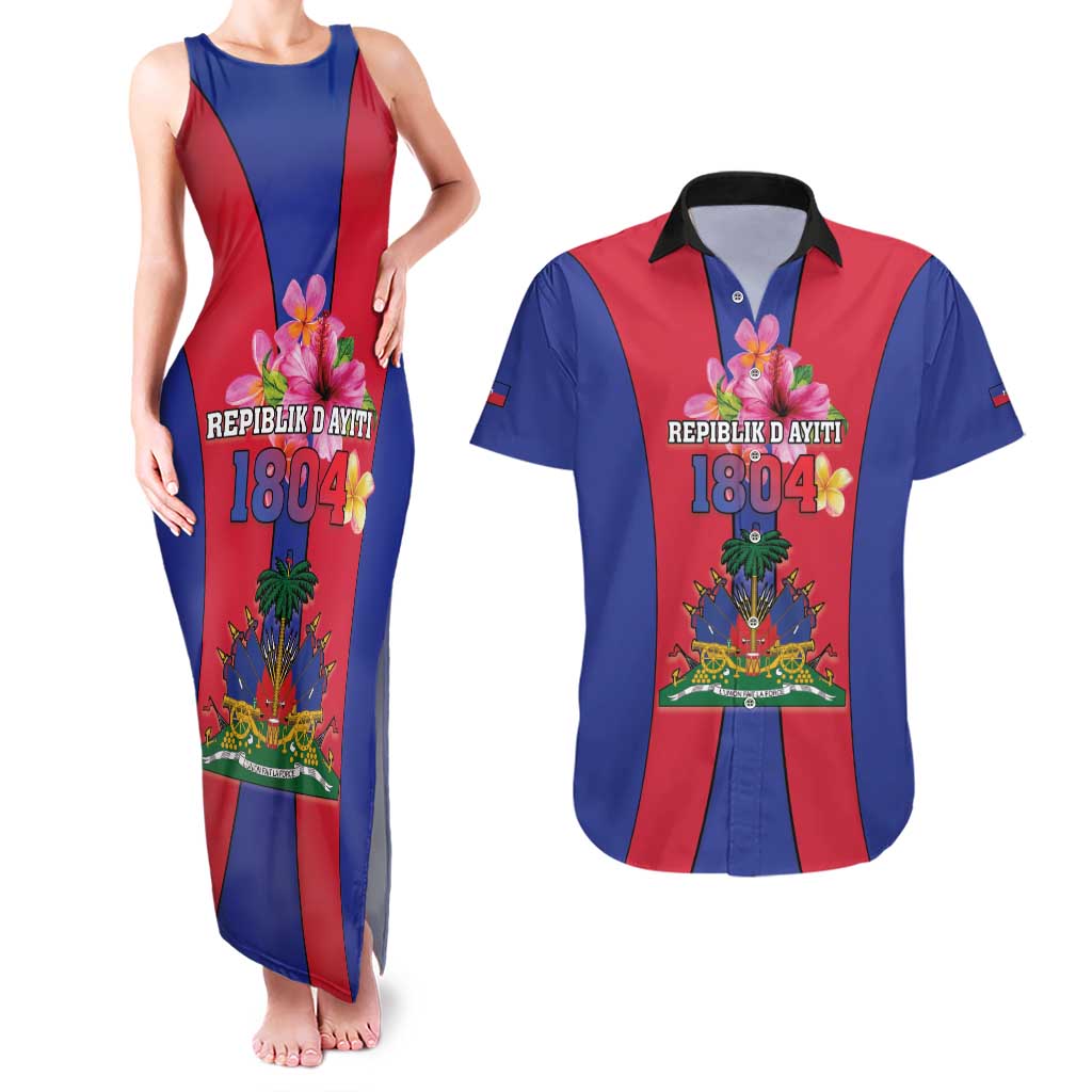 Personalized Haiti Coat Of Arms Couples Matching Tank Maxi Dress and Hawaiian Shirt With Flag Color - Wonder Print Shop