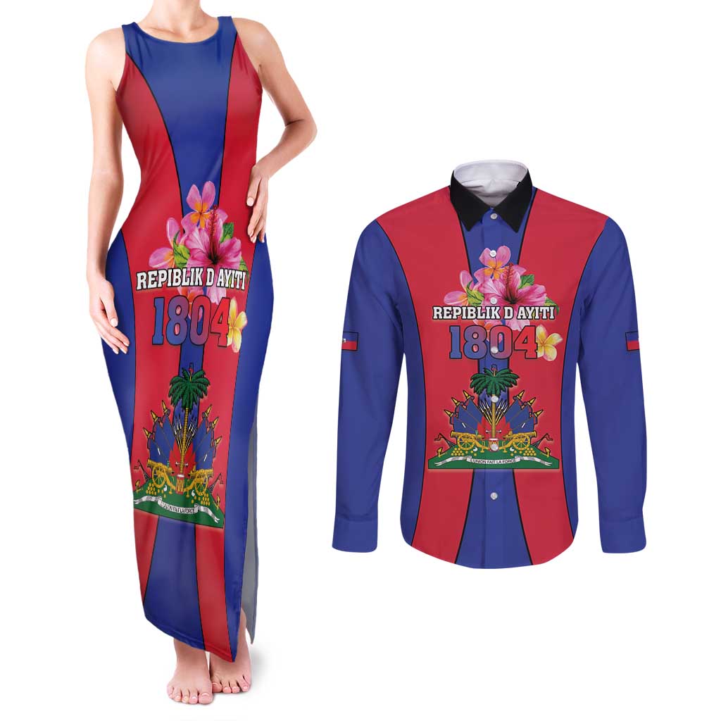 Personalized Haiti Coat Of Arms Couples Matching Tank Maxi Dress and Long Sleeve Button Shirt With Flag Color - Wonder Print Shop