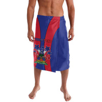 Blue patterned lava lava shorts with Haiti coat of arms graphic and red side panel