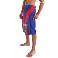 Blue lava lava shorts with Haiti coat of arms flag graphic on side